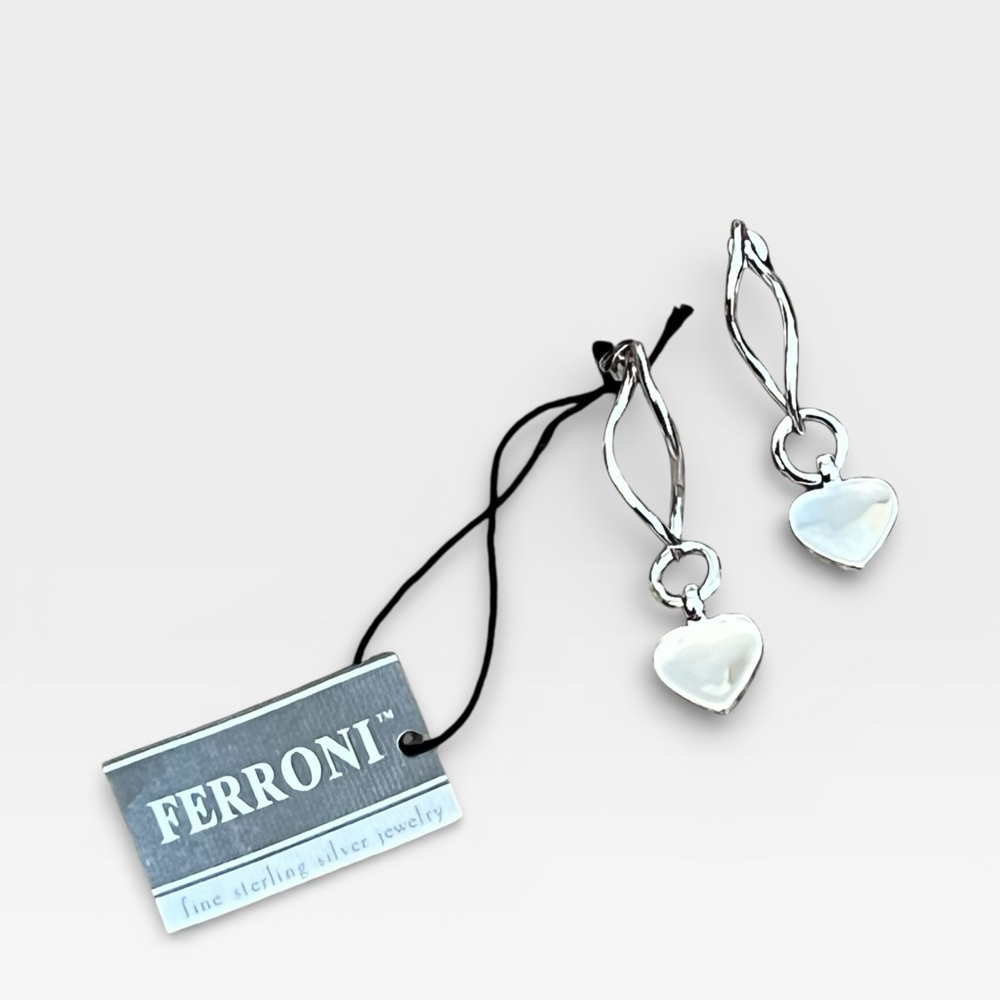 Ferroni Designer Italian Sterling Silver Rhodium Plated Heart Drop Earrings